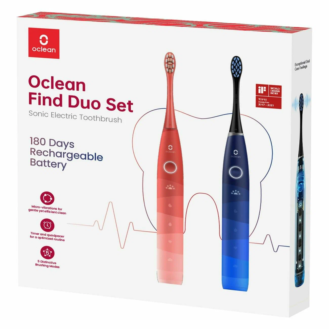 Звуковая зубная щетка Oclean Find Duo Set, Синяя + Красная в Челябинске купить по недорогим ценам с доставкой